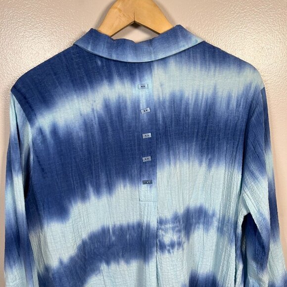 Ali Miles Crinkle Tunic Button Up Top Size Large Blue Tie Dye Artsy Art to Wear - Picture 8 of 11